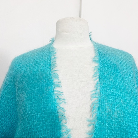 Hand Made Unique woven raw frayed edge shrug jacket shaped front Aqua L/XL - Picture 5 of 7